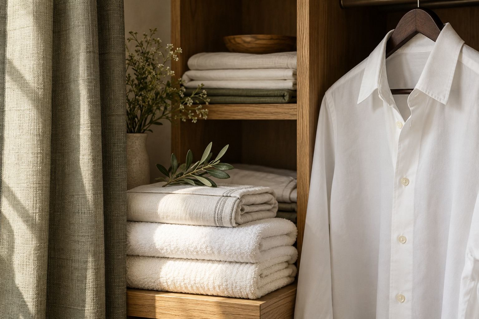 Camisa blanca y textiles recién doblados en una ambientación de cuidado textil